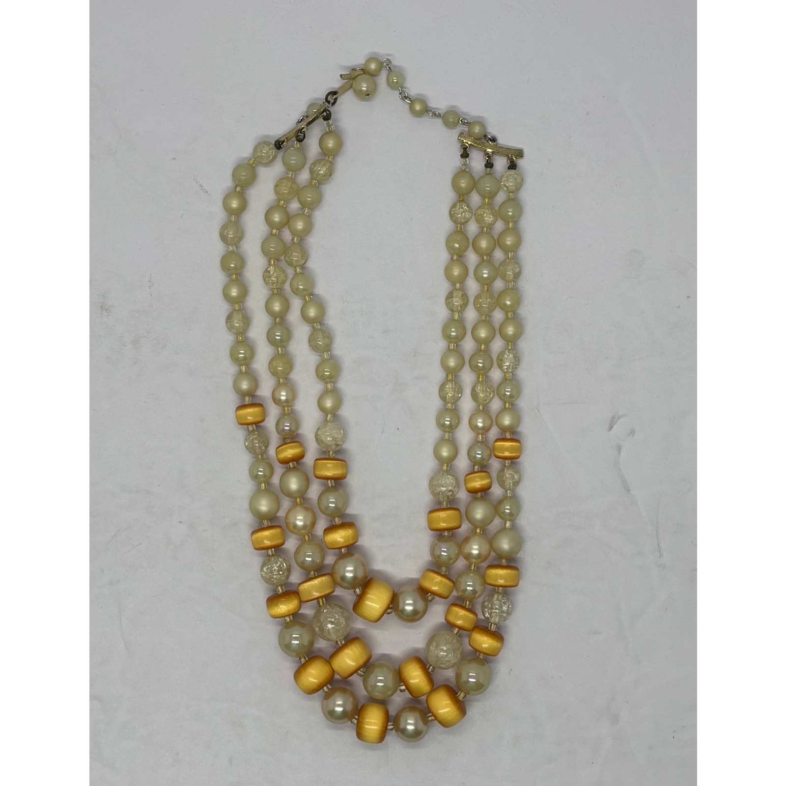 Vintage Amber Iridescent Triple Strand Layered Beaded Necklace Stamped Japan 28$